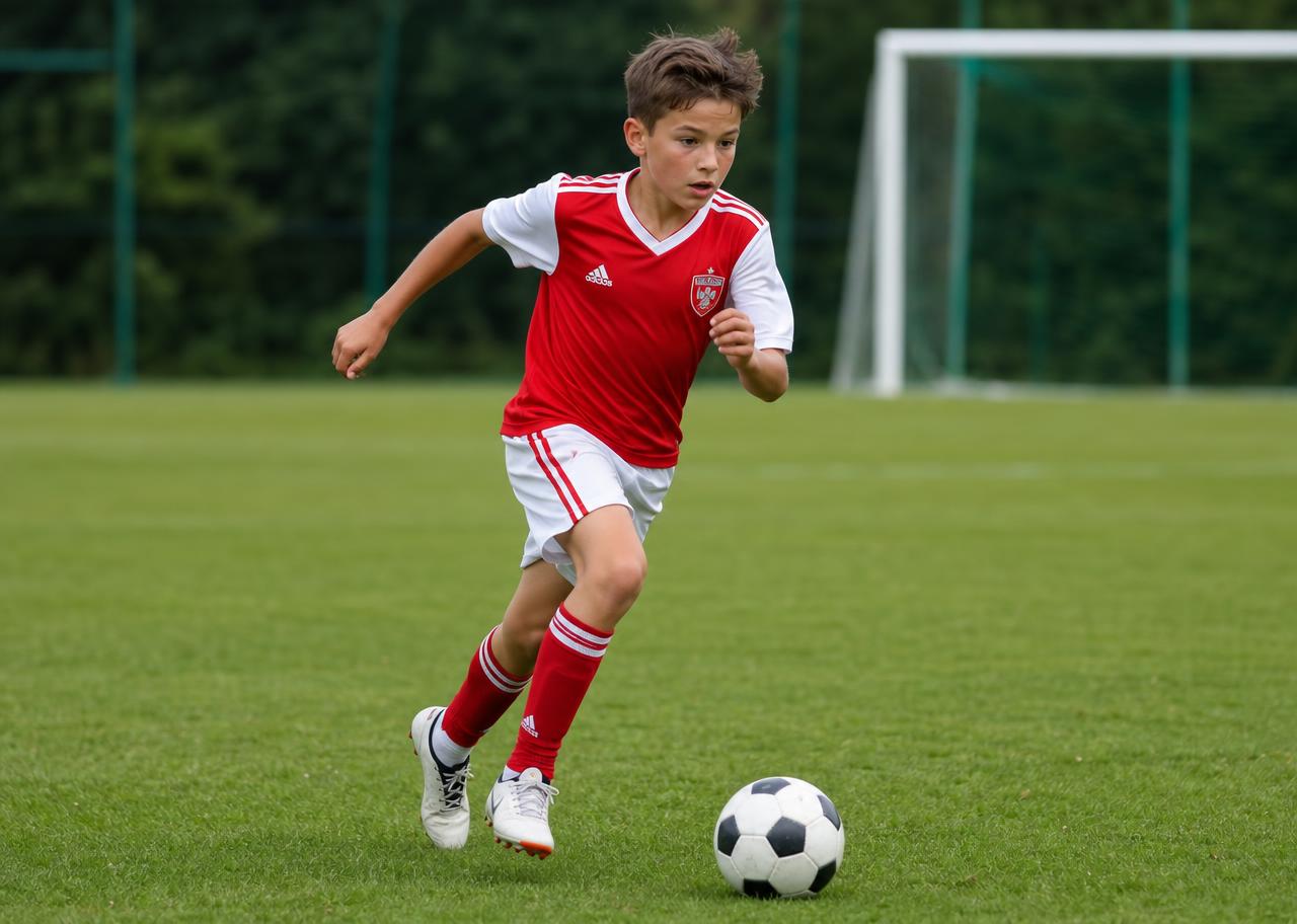 Niños entrenando fútbol con uniformes y balones